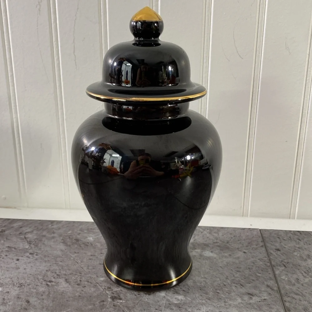 VTG Sato Gordon Japan Ginger Jar Black Gold Peonies Bird Asian Elegant‎ Floral